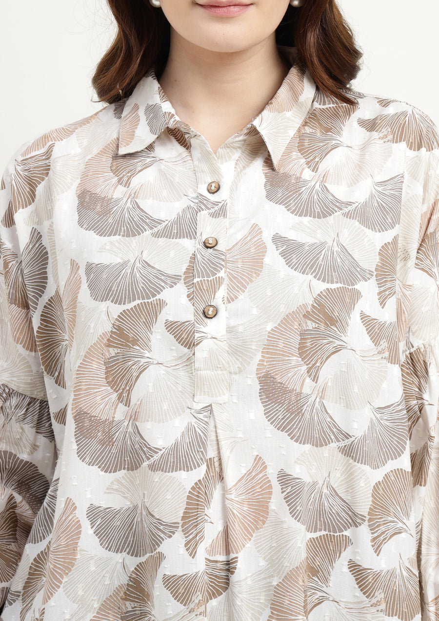 Beige & Brown Abstract Floral Balloon Sleeve Top for Women