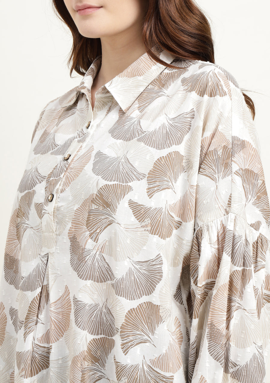 Beige & Brown Abstract Floral Balloon Sleeve Top for Women