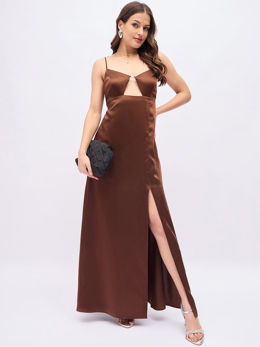 Women’s Brown Satin Slit Gown – Cut-Out Front Maxi Dress with Spaghetti Straps for Evening & Party Wear