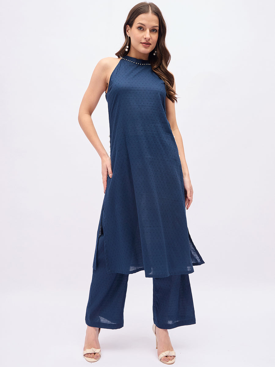 Women’s Navy Blue Sleeveless Kurta Set with Wide Leg Pants – Ethnic Co-Ord Set with Pearl Detailing