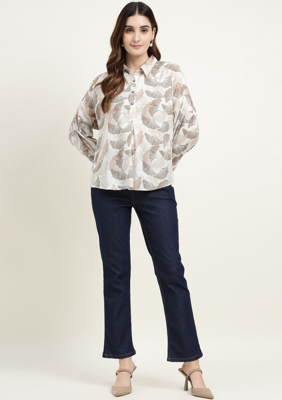 Beige & Brown Abstract Floral Balloon Sleeve Top for Women