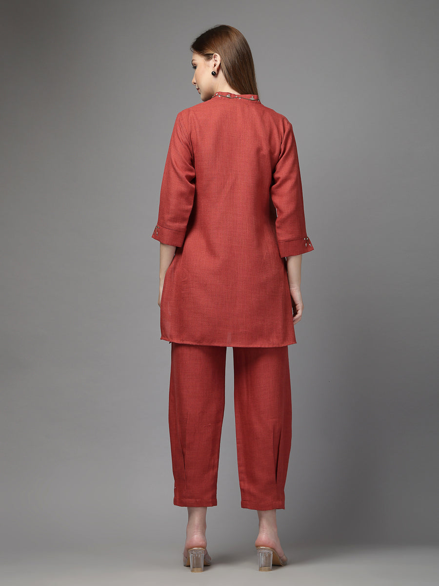 Rust Solid Co-Ord Set for Women – V-Neck Kurta with Embroidered Details & Tapered Pants