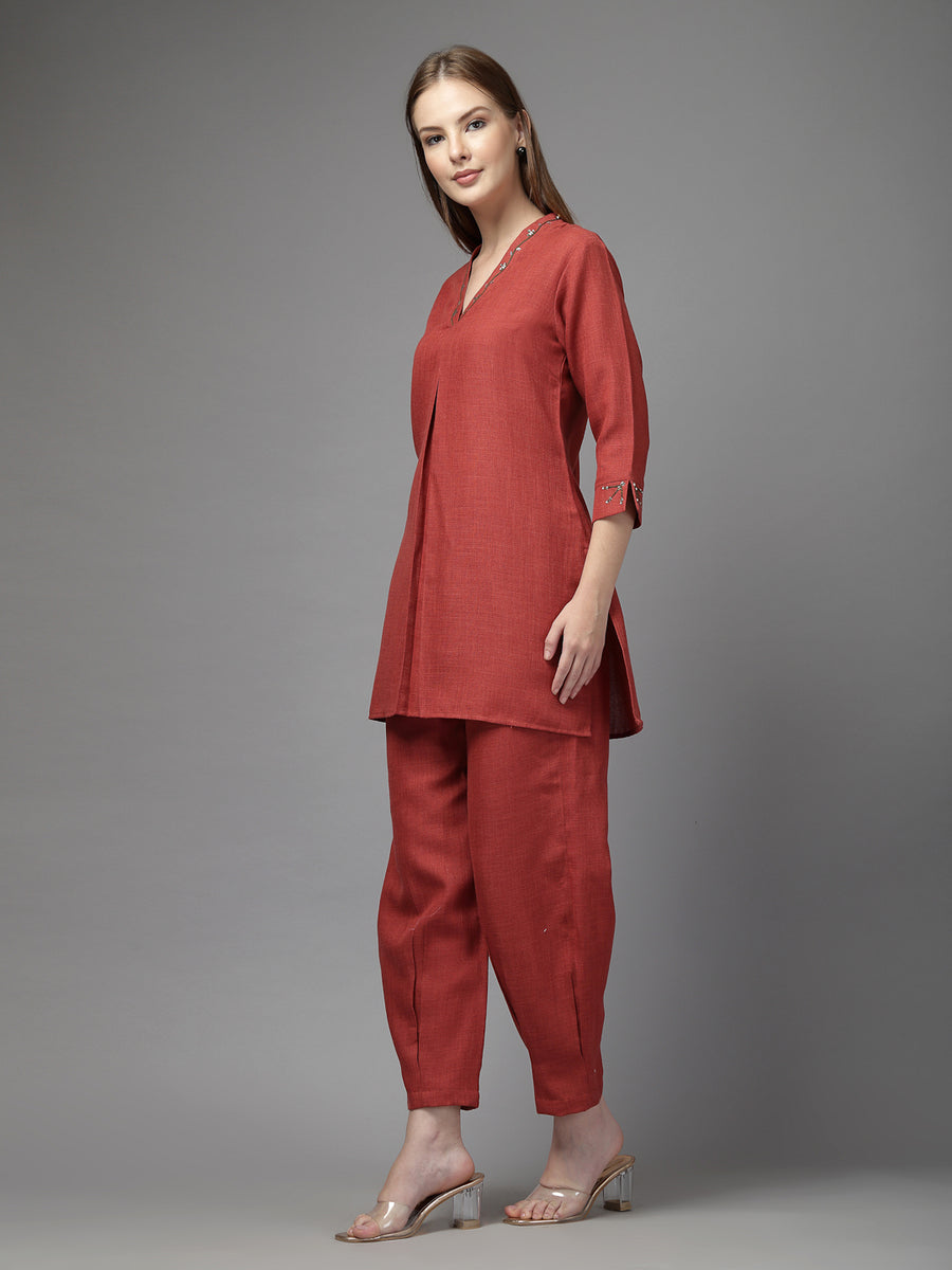 Rust Solid Co-Ord Set for Women – V-Neck Kurta with Embroidered Details & Tapered Pants