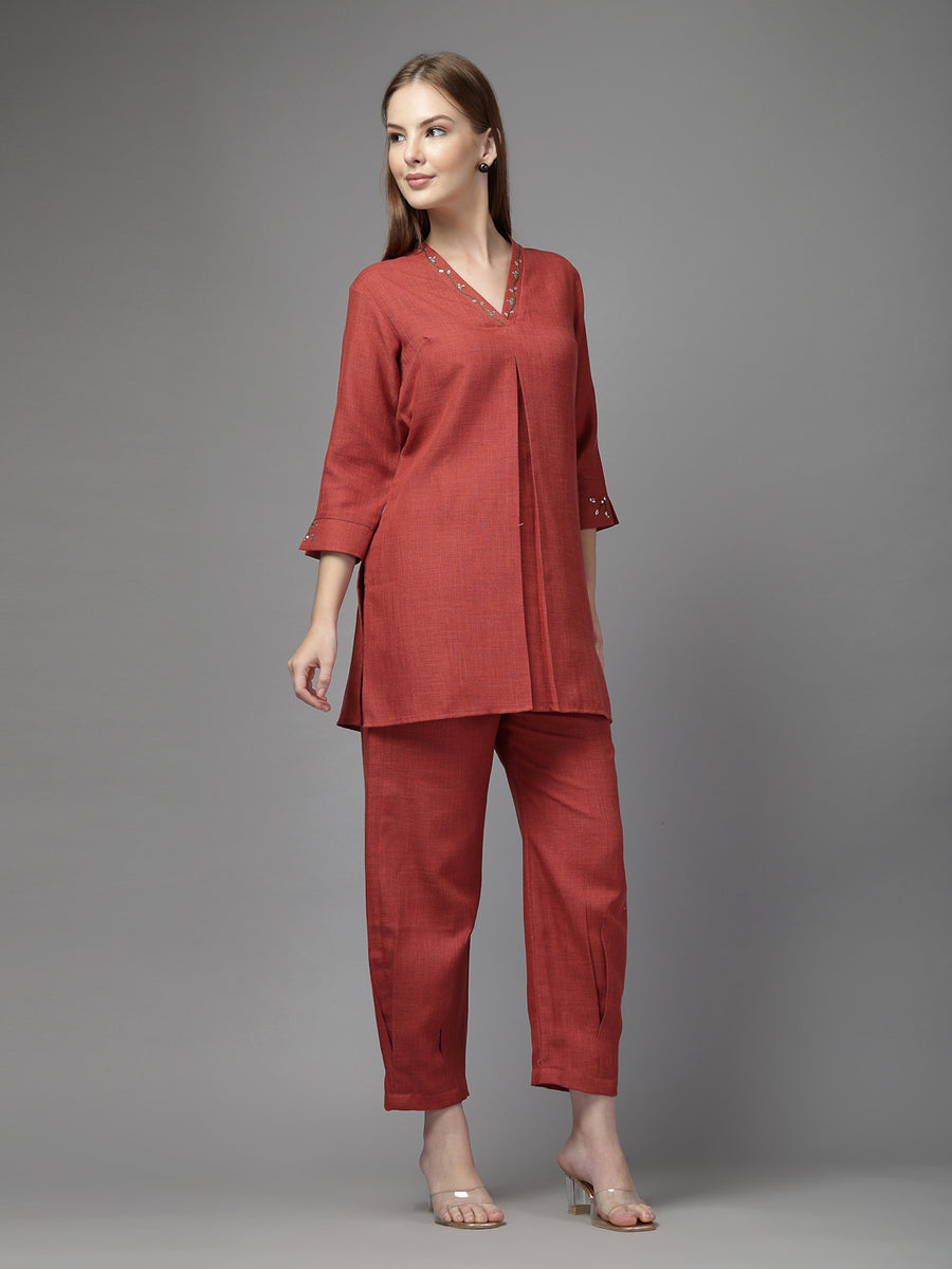 Rust Solid Co-Ord Set for Women – V-Neck Kurta with Embroidered Details & Tapered Pants