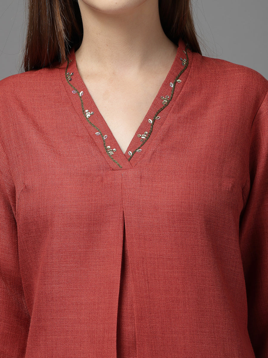 Rust Solid Co-Ord Set for Women – V-Neck Kurta with Embroidered Details & Tapered Pants