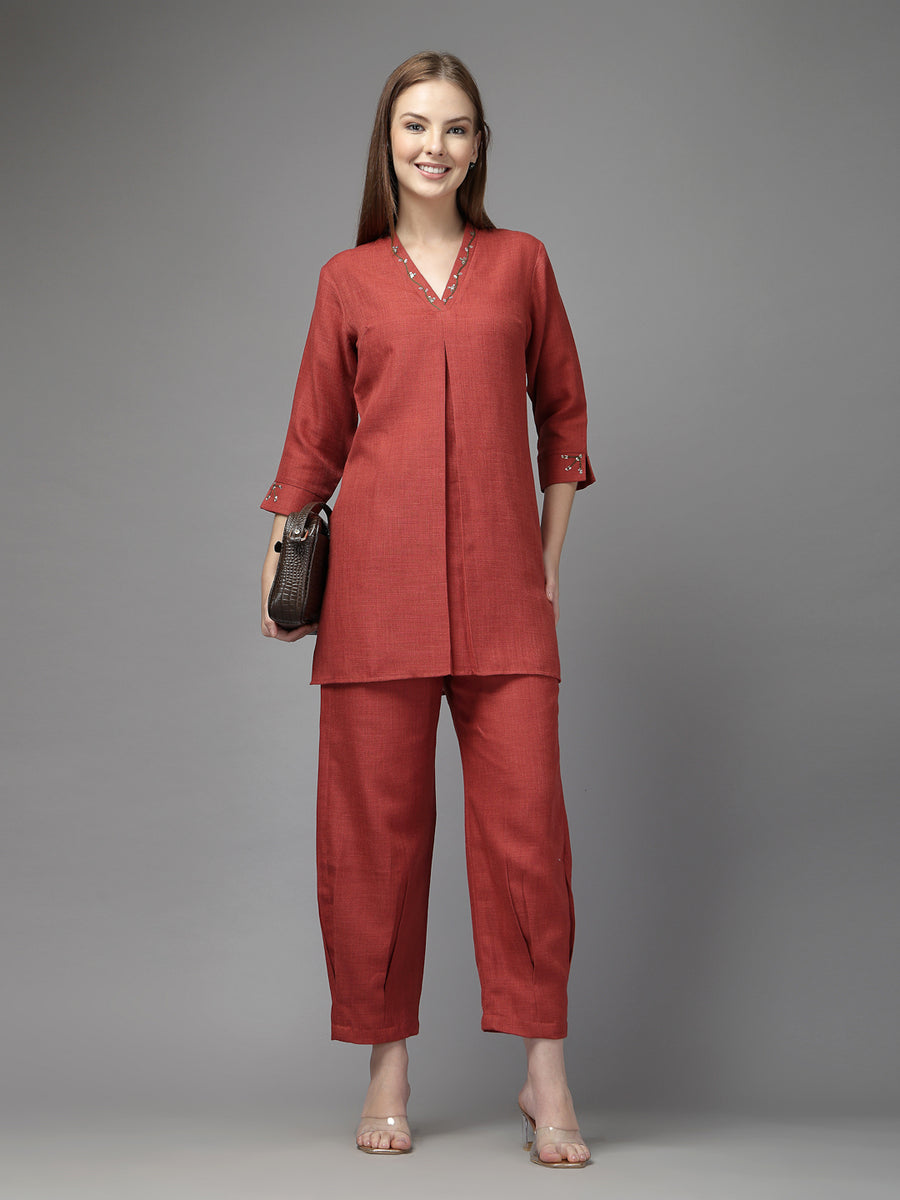Rust Solid Co-Ord Set for Women – V-Neck Kurta with Embroidered Details & Tapered Pants