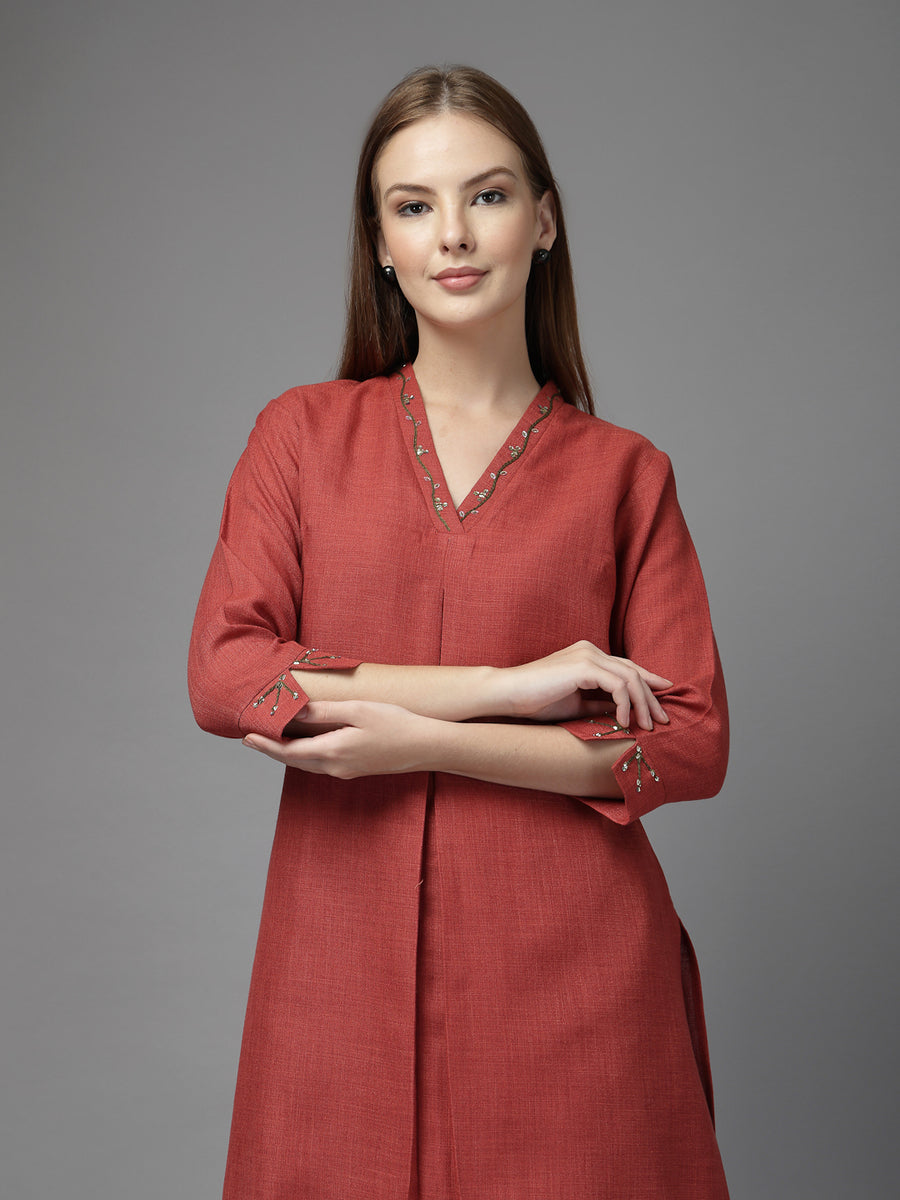 Rust Solid Co-Ord Set for Women – V-Neck Kurta with Embroidered Details & Tapered Pants