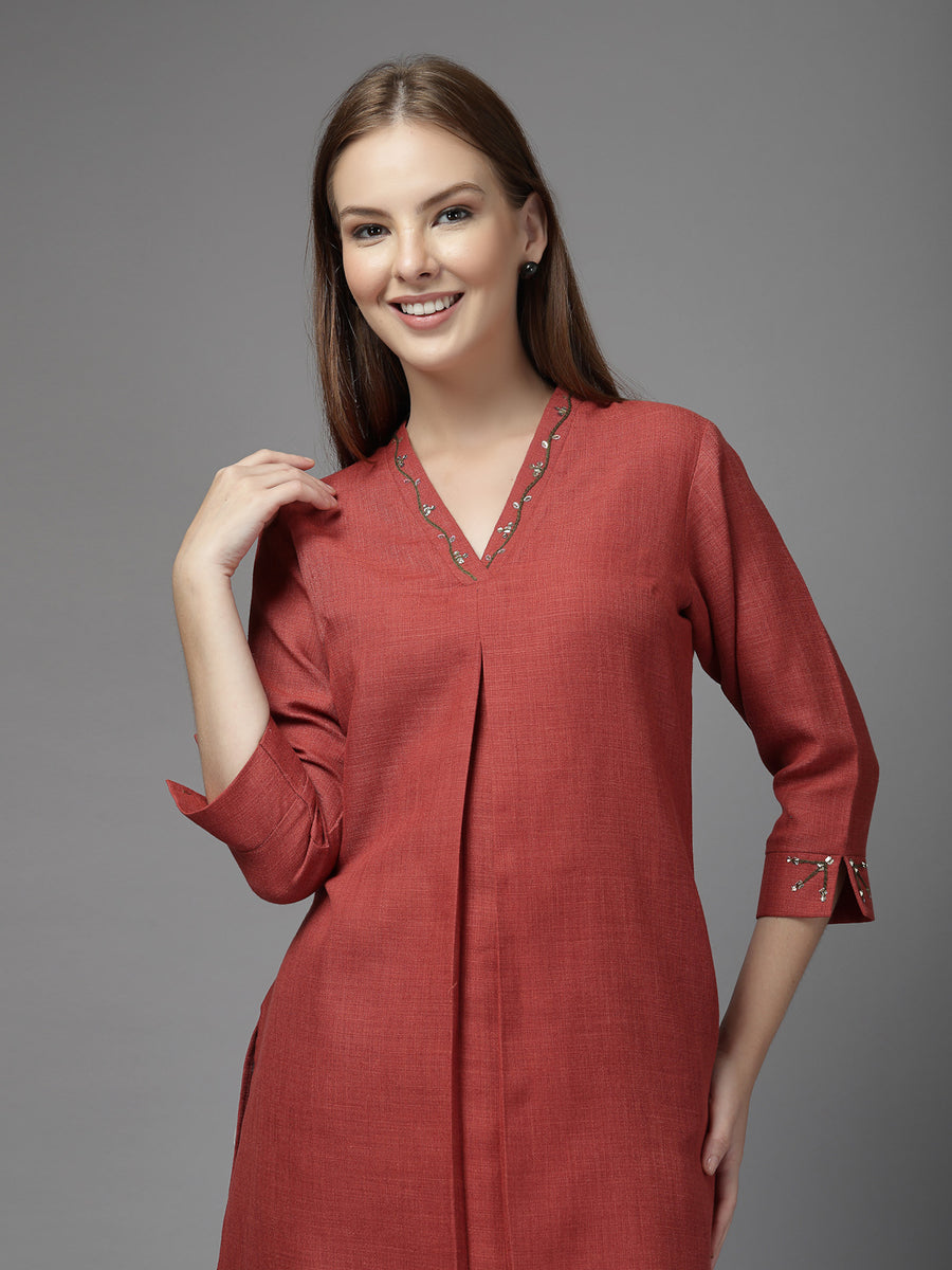 Rust Solid Co-Ord Set for Women – V-Neck Kurta with Embroidered Details & Tapered Pants