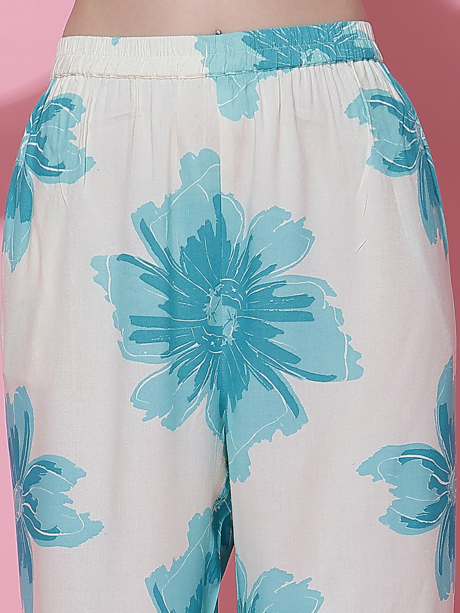 Off-White & Turquoise Blue Floral Co-Ord Set for Women – Flared Sleeve Top & Relaxed Pants