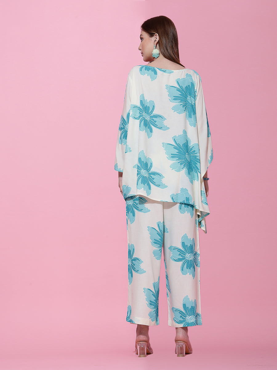 Off-White & Turquoise Blue Floral Co-Ord Set for Women – Flared Sleeve Top & Relaxed Pants