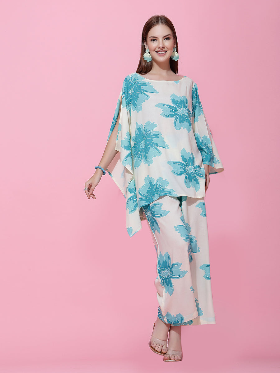 Off-White & Turquoise Blue Floral Co-Ord Set for Women – Flared Sleeve Top & Relaxed Pants