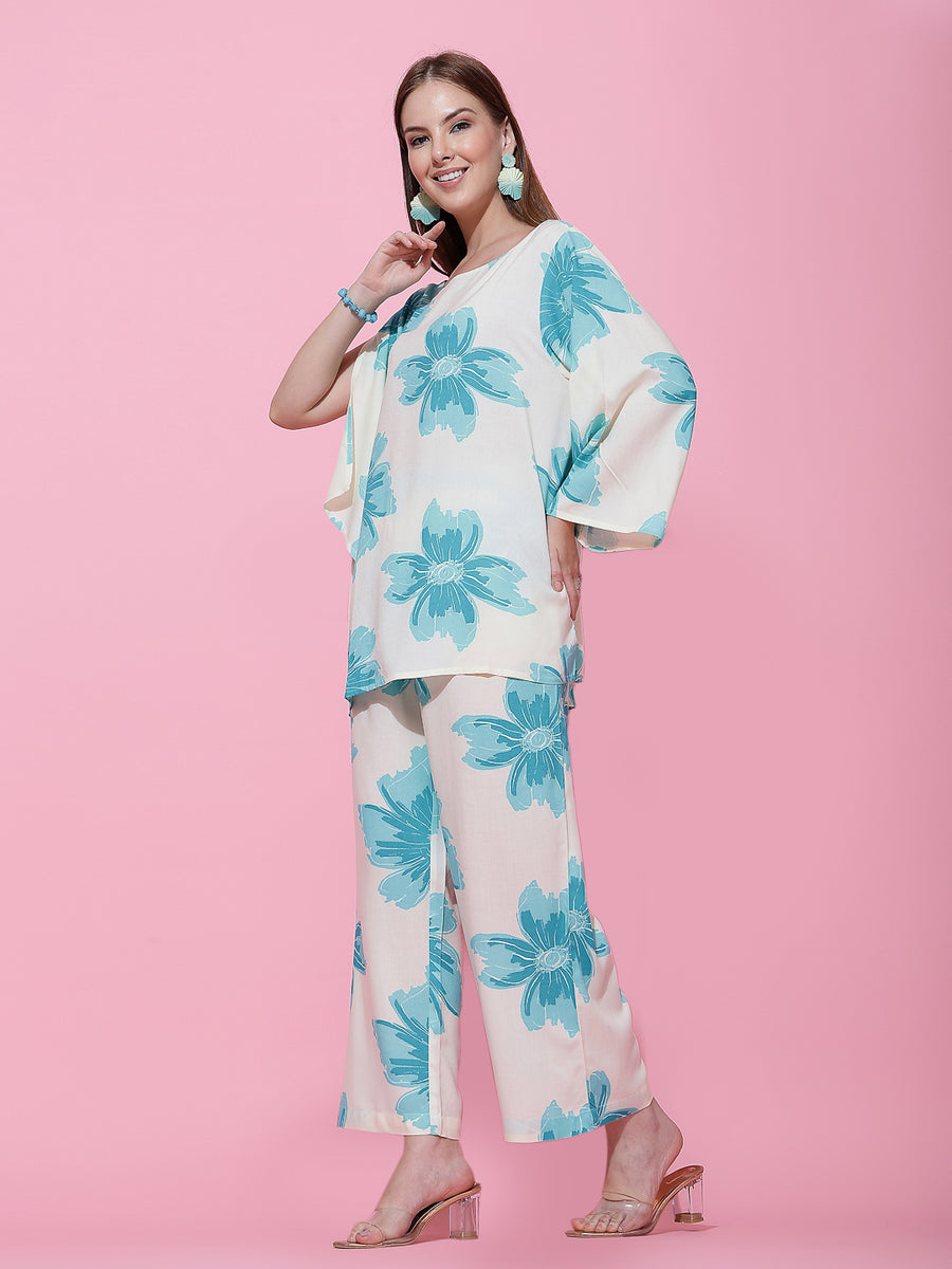 Off-White & Turquoise Blue Floral Co-Ord Set for Women – Flared Sleeve Top & Relaxed Pants