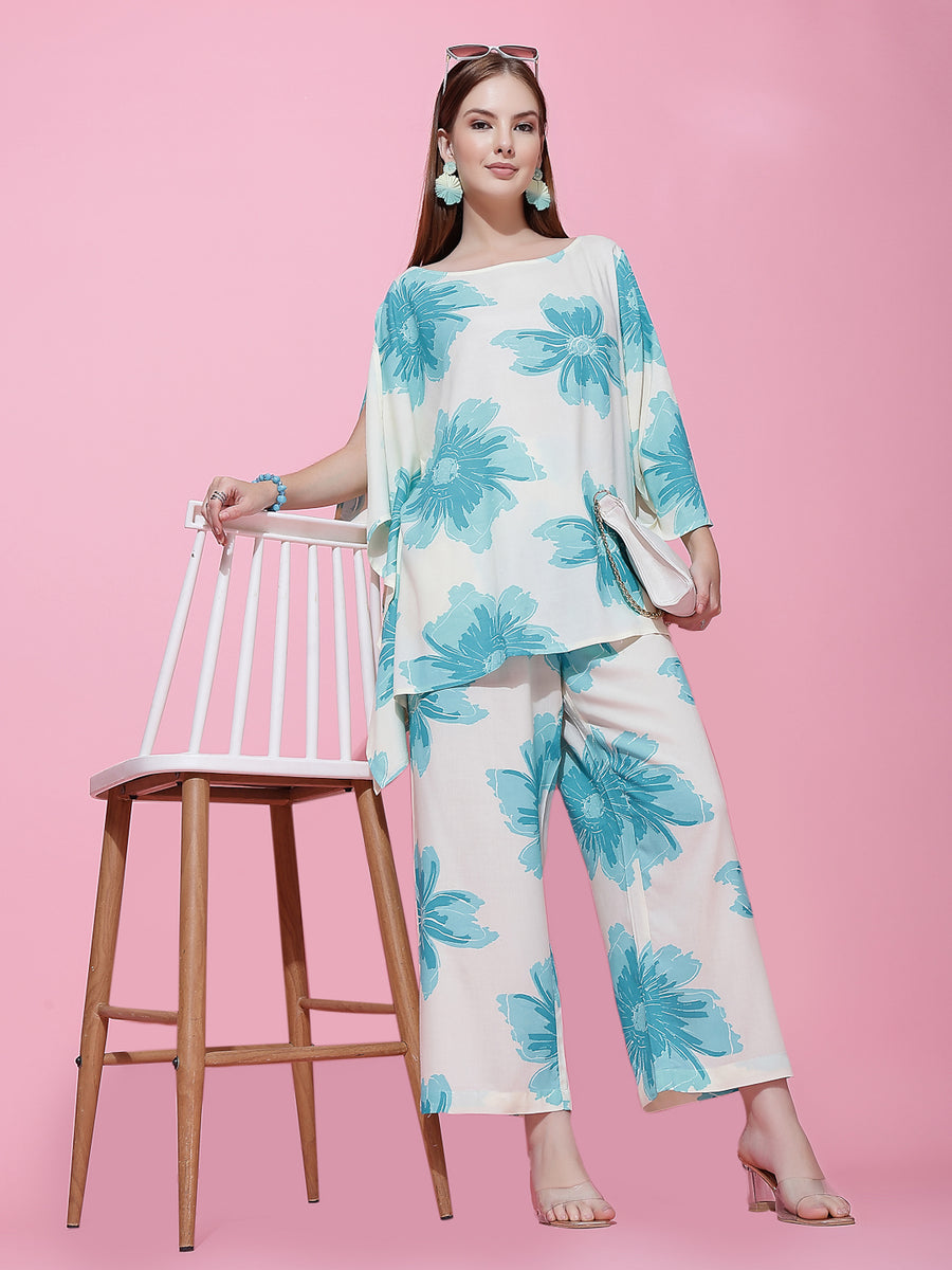 Off-White & Turquoise Blue Floral Co-Ord Set for Women – Flared Sleeve Top & Relaxed Pants