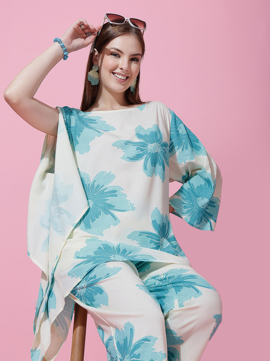 Off-White & Turquoise Blue Floral Co-Ord Set for Women – Flared Sleeve Top & Relaxed Pants
