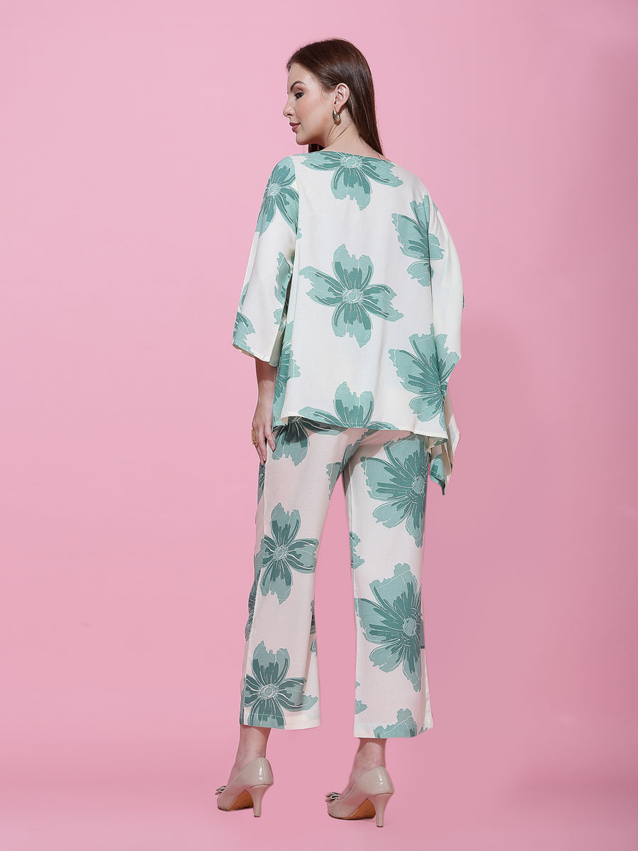 Chic Off-White & Green Floral Co-Ord Set for Women – Asymmetrical Top & Wide-Leg Pants