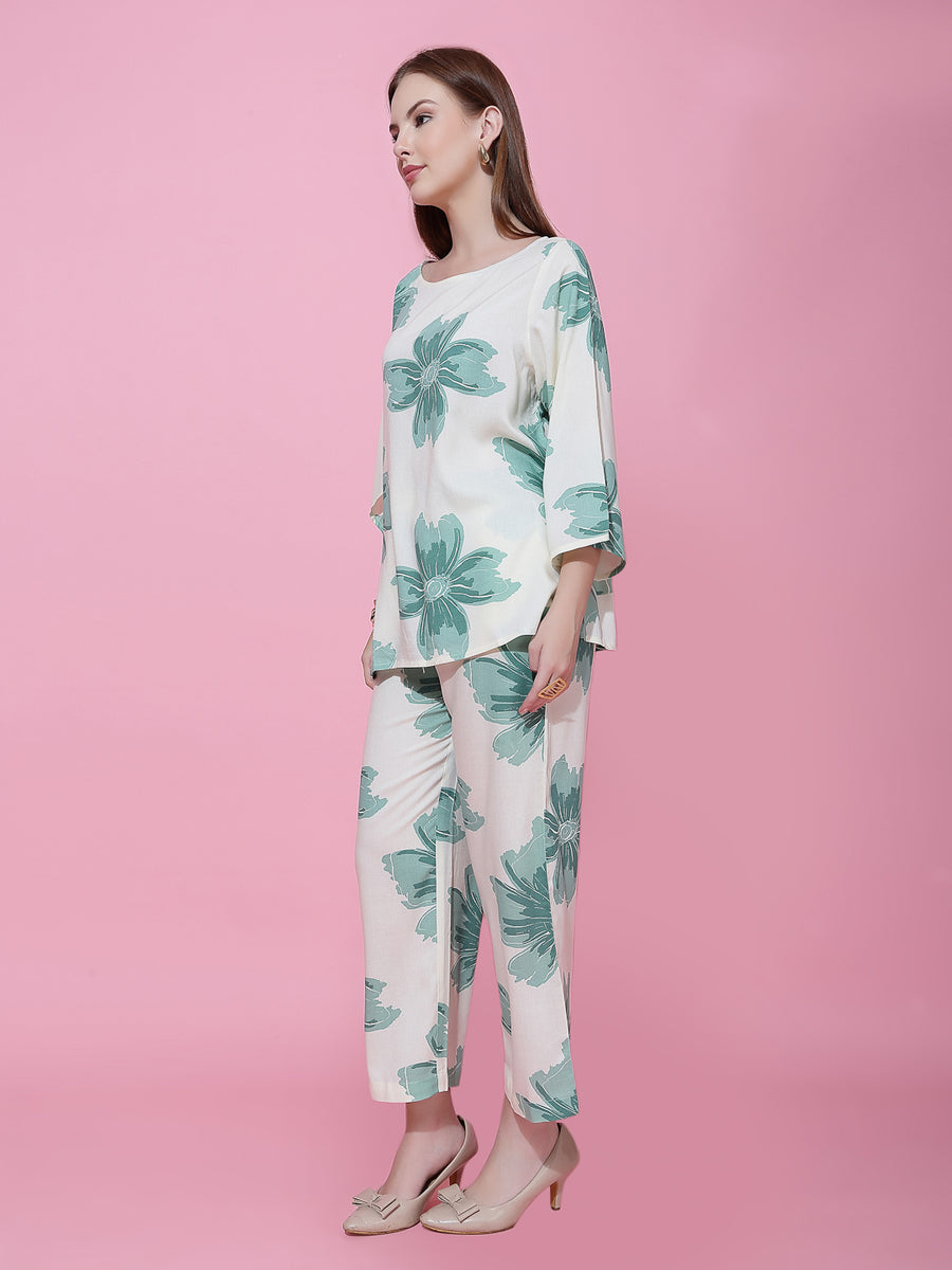 Chic Off-White & Green Floral Co-Ord Set for Women – Asymmetrical Top & Wide-Leg Pants