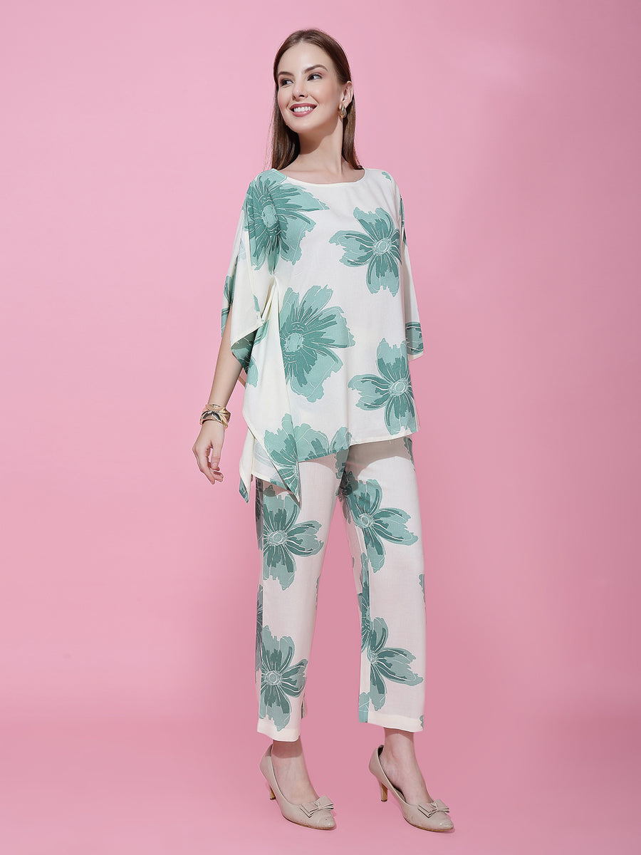 Chic Off-White & Green Floral Co-Ord Set for Women – Asymmetrical Top & Wide-Leg Pants