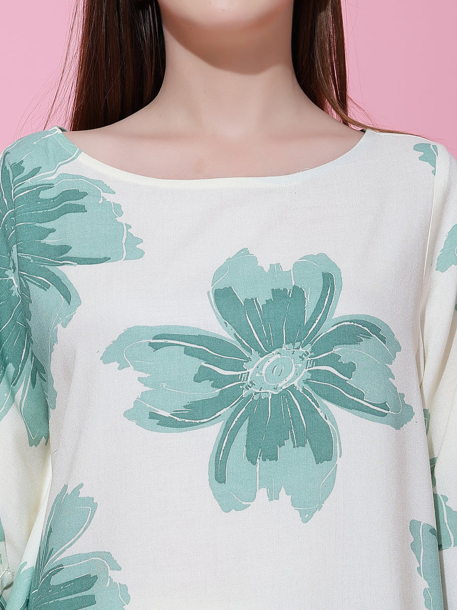 Chic Off-White & Green Floral Co-Ord Set for Women – Asymmetrical Top & Wide-Leg Pants