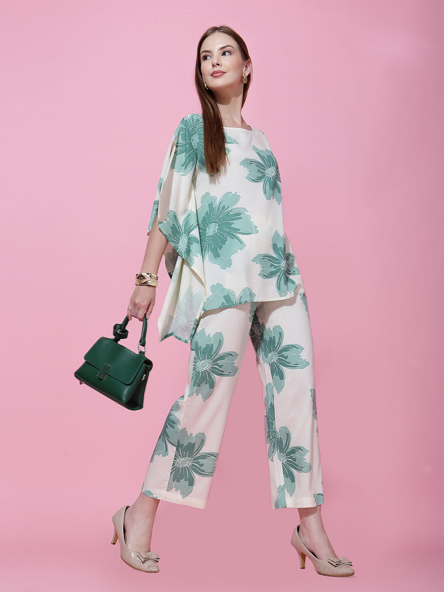 Chic Off-White & Green Floral Co-Ord Set for Women – Asymmetrical Top & Wide-Leg Pants