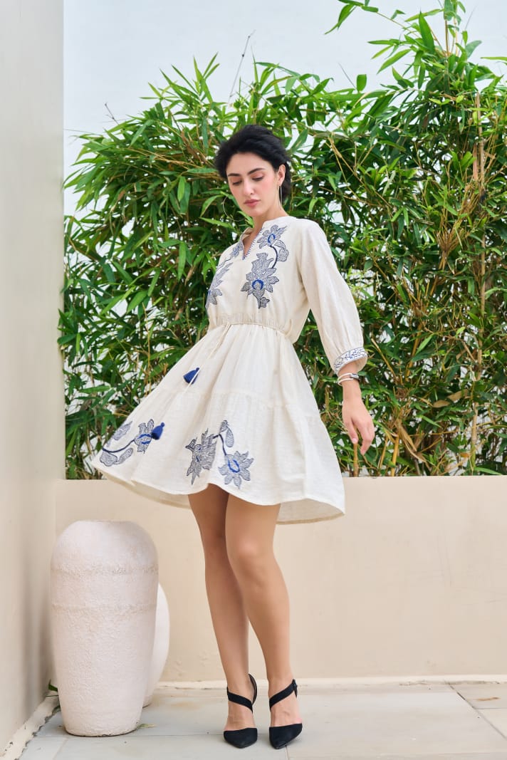 Ivory Boho Short Dress with Blue Floral Embroidery & Drawstring Waist