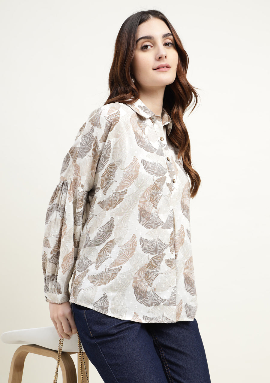 Beige & Brown Abstract Floral Balloon Sleeve Top for Women