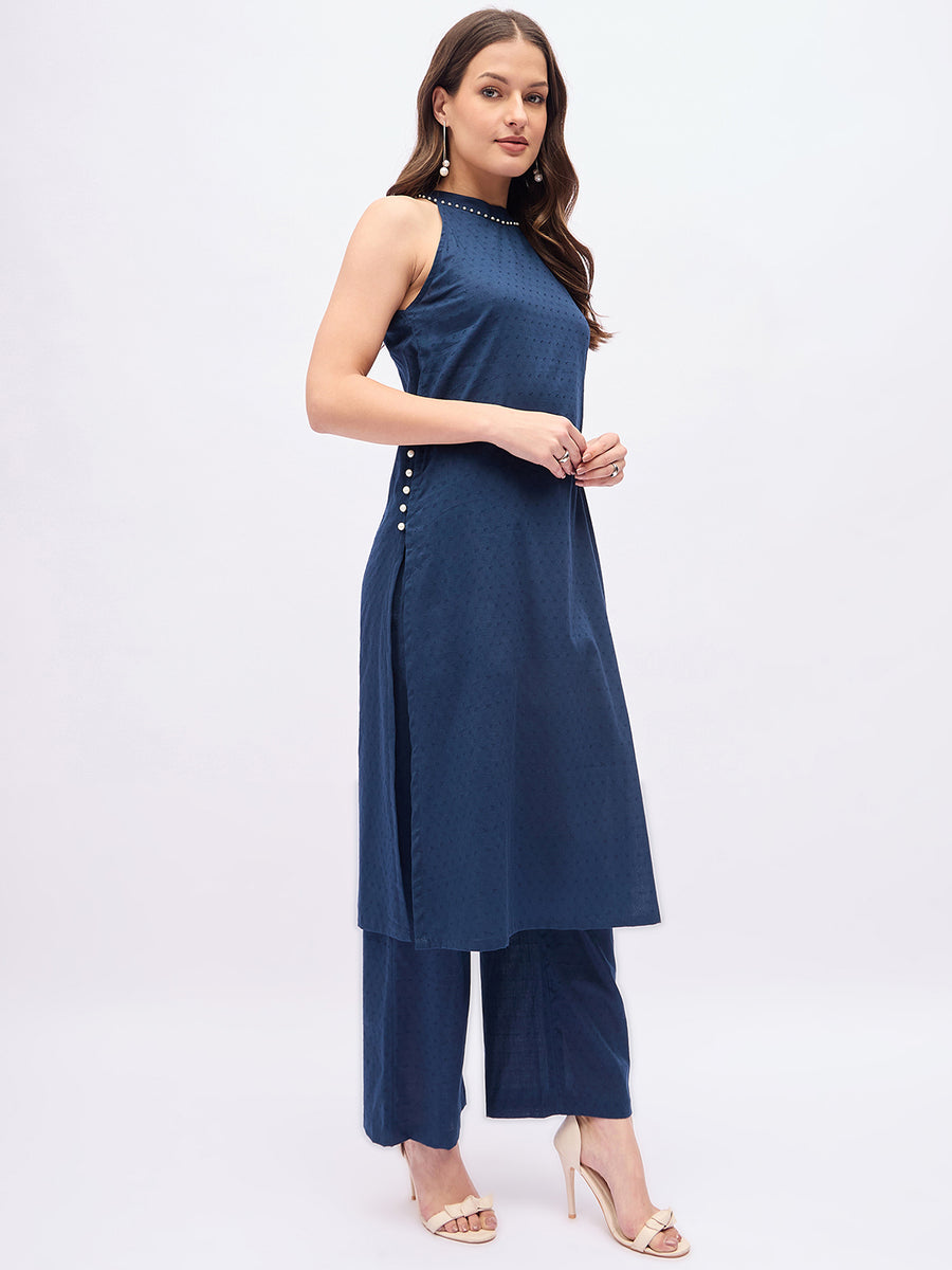 Women’s Navy Blue Sleeveless Kurta Set – Pearl Neckline Co-Ord Set with Wide Leg Pants
