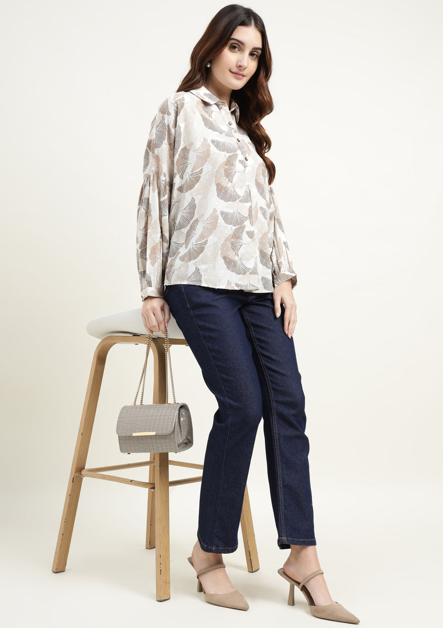 Beige & Brown Abstract Floral Balloon Sleeve Top for Women