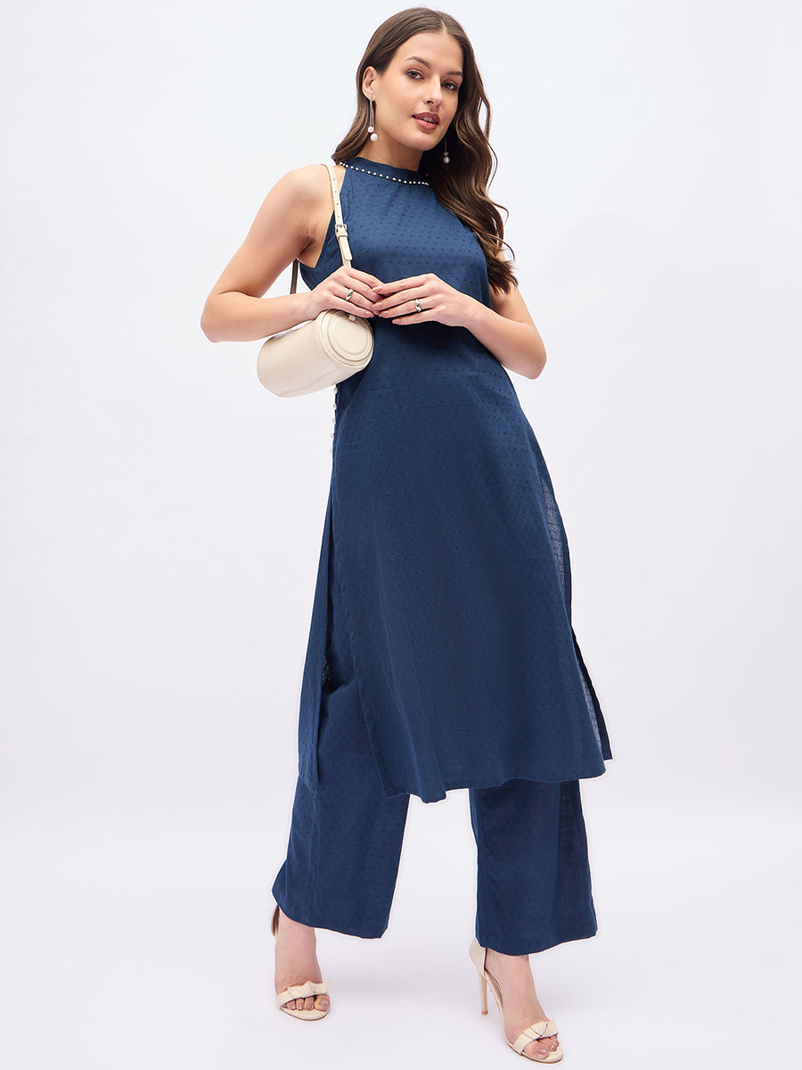 Women’s Navy Blue Sleeveless Kurta Set – Pearl Neckline Co-Ord Set with Wide Leg Pants