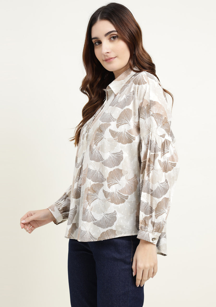 Beige & Brown Abstract Floral Balloon Sleeve Top for Women