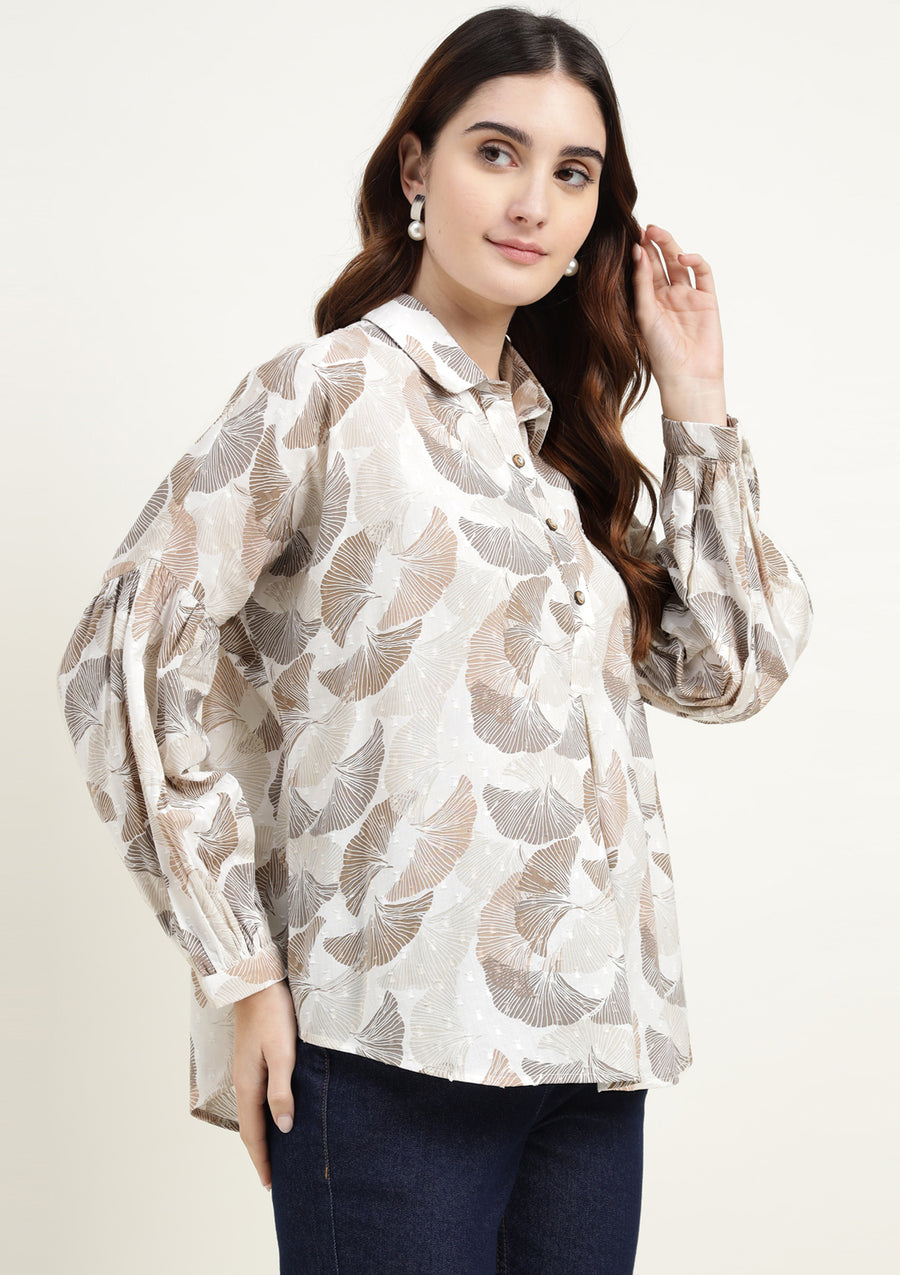 Beige & Brown Abstract Floral Balloon Sleeve Top for Women