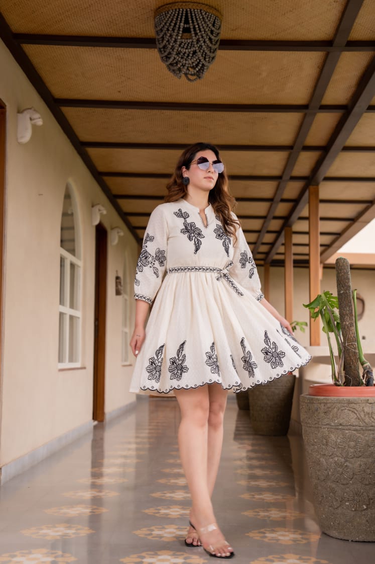 Ivory Short Flared Dress with Black Floral Embroidery & Keyhole Neckline