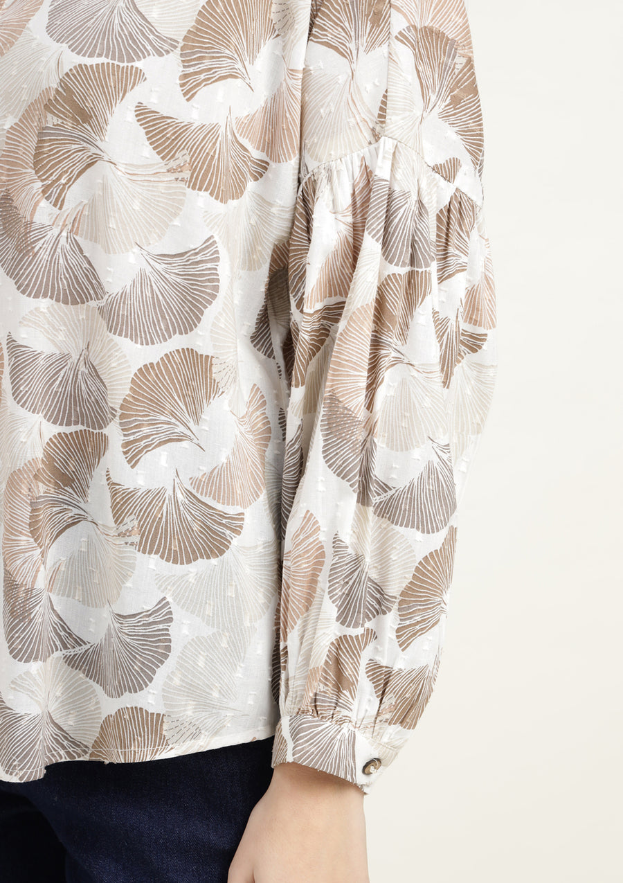 Beige & Brown Abstract Floral Balloon Sleeve Top for Women