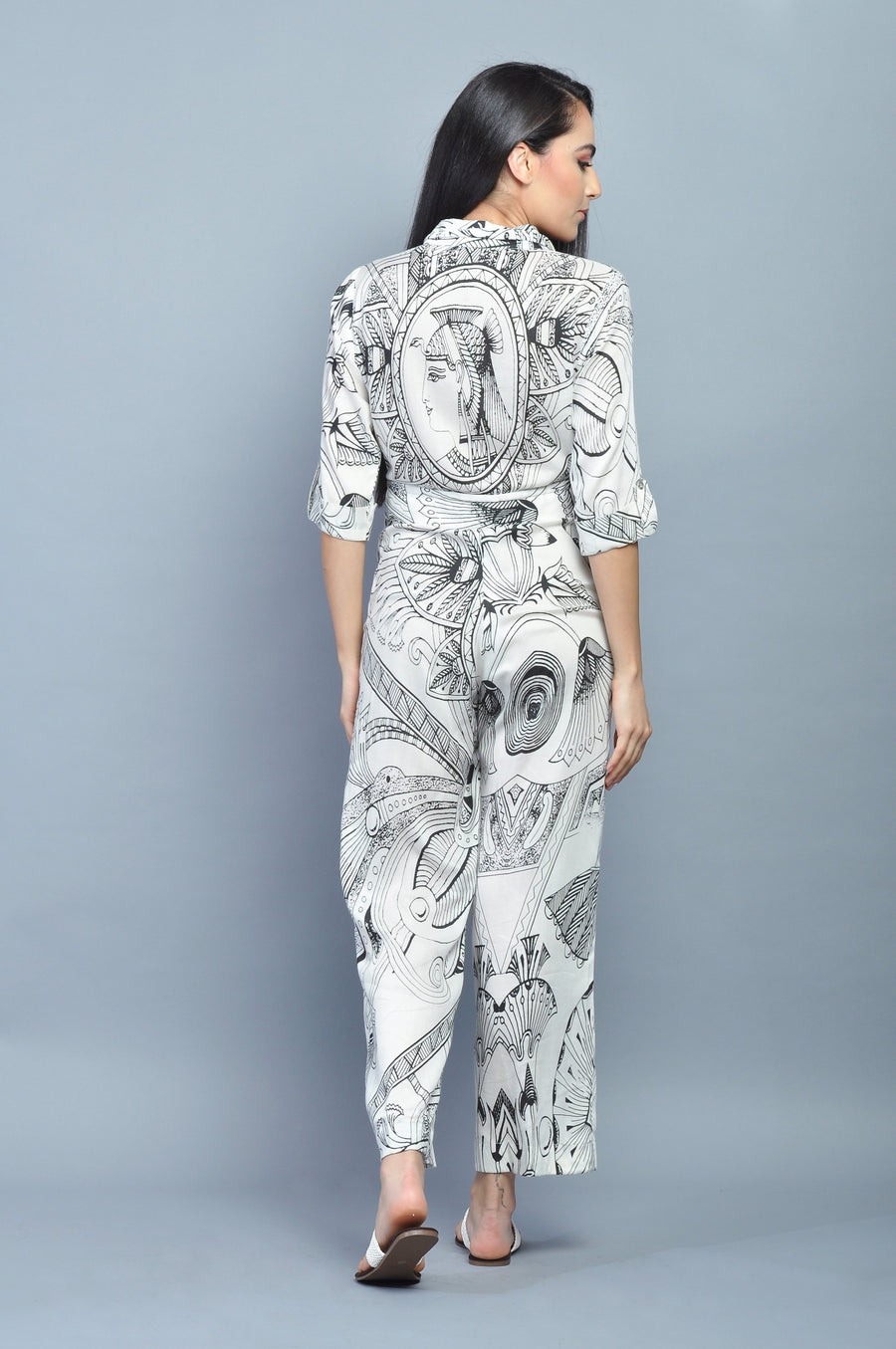 Women's Artistic Black & White Printed Co-ord Jumpsuit with Collar and 3/4 Sleeves