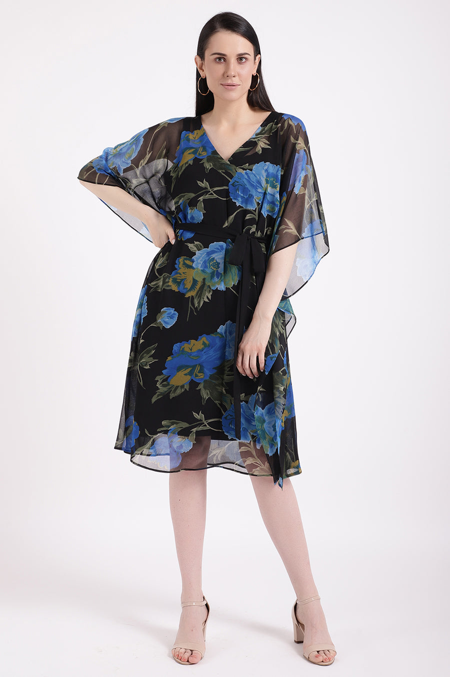 Women’s black floral chiffon dress with blue flower print, V-neck and tie-up waist