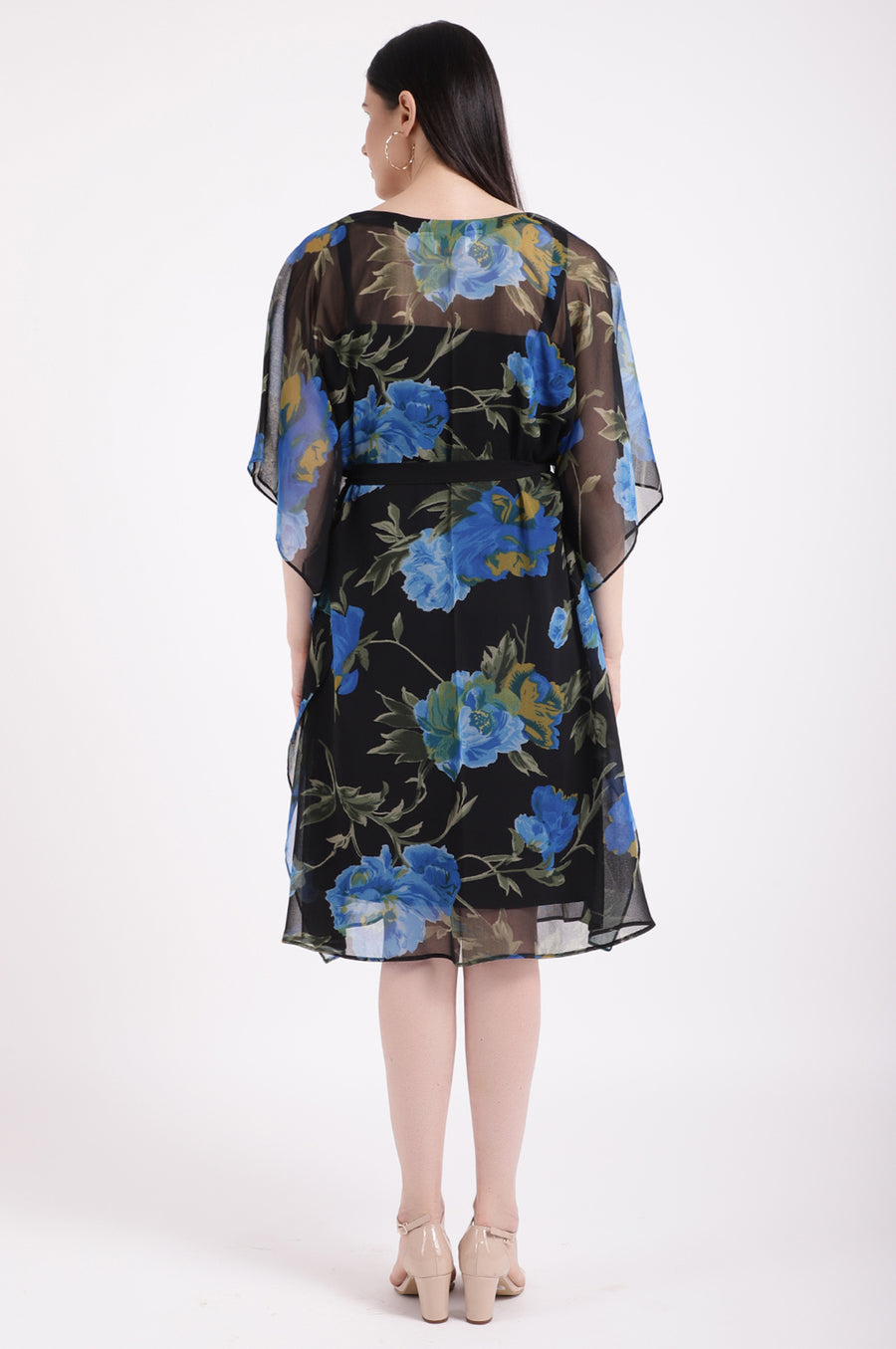 Women’s Black Floral Chiffon Dress with Blue Print & Tie-Up Waist