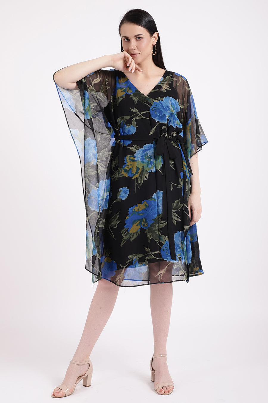 Women’s Black Floral Chiffon Dress with Blue Print & Tie-Up Waist