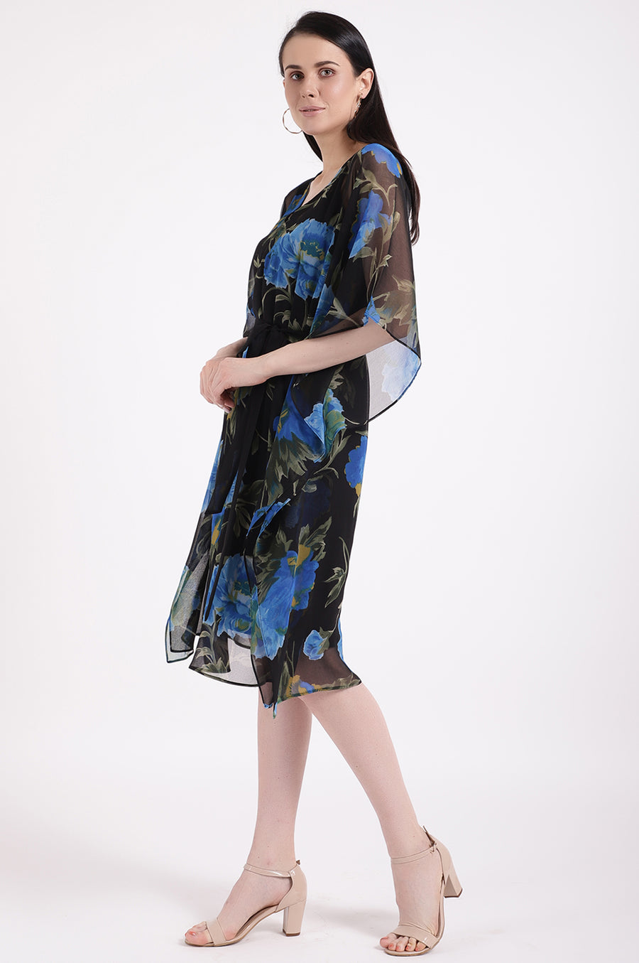 Women’s Black Floral Chiffon Dress with Blue Print & Tie-Up Waist