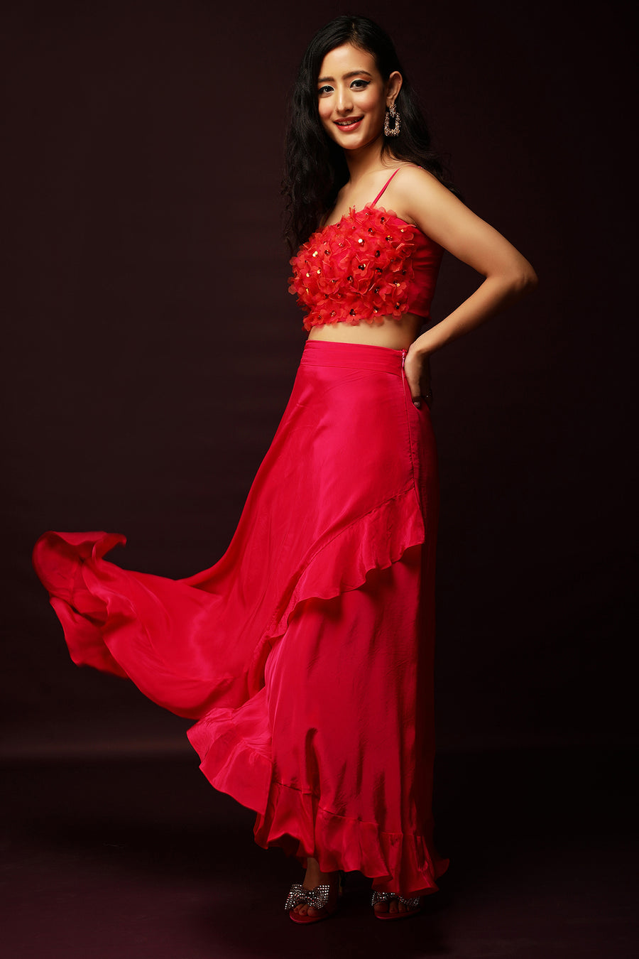 Shop Red Floral Embellished Crop Top Satin Ruffle Skirt Festive