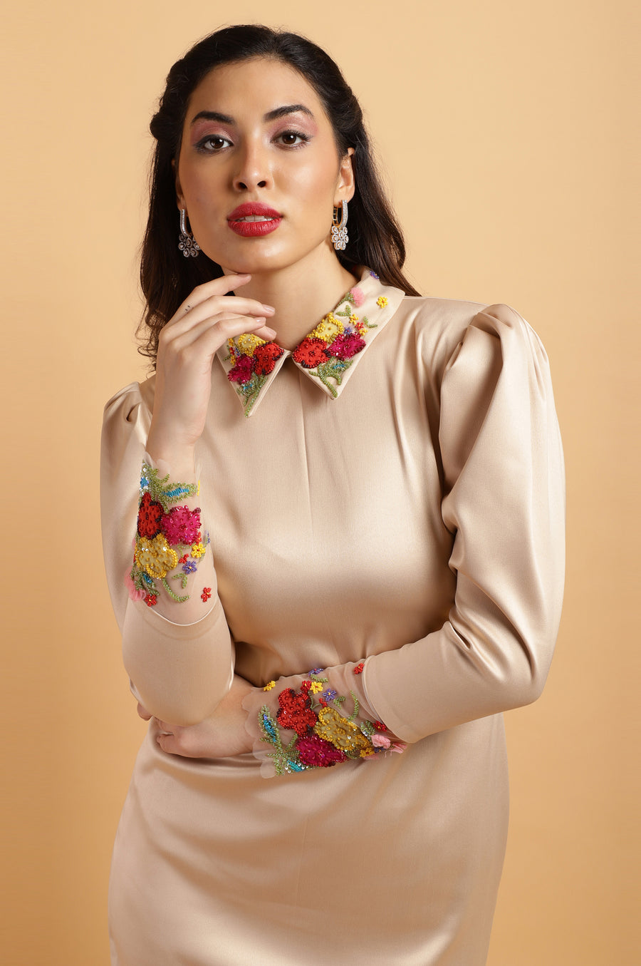 Beige Satin Puff-Sleeve Dress with Floral Embroidered Collar & Cuffs