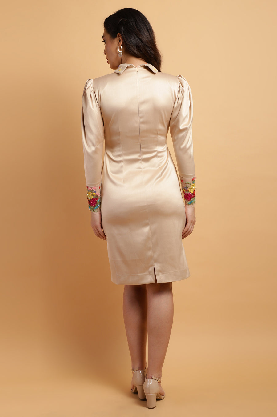 Beige Satin Puff-Sleeve Dress with Floral Embroidered Collar & Cuffs
