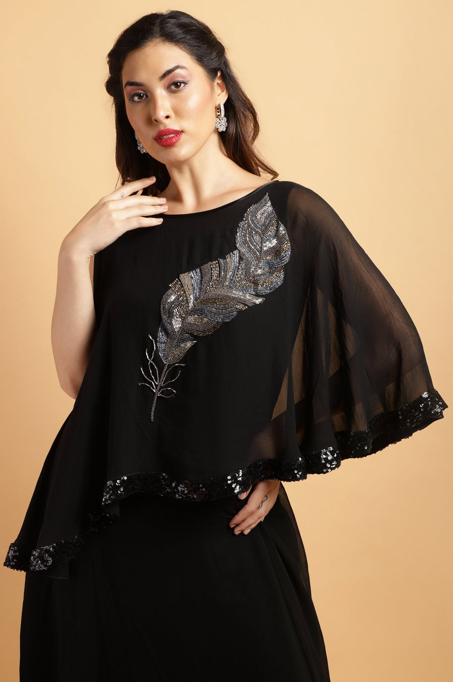 Black Georgette Cape Style Gown