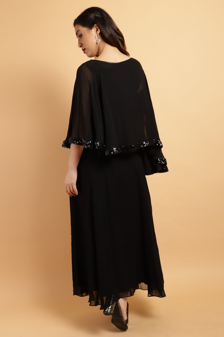 Black Georgette Cape Style Gown